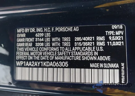 2019 Porsche Cayenne из США, поврежденный, VIN WP1AA2AY1KDA06305